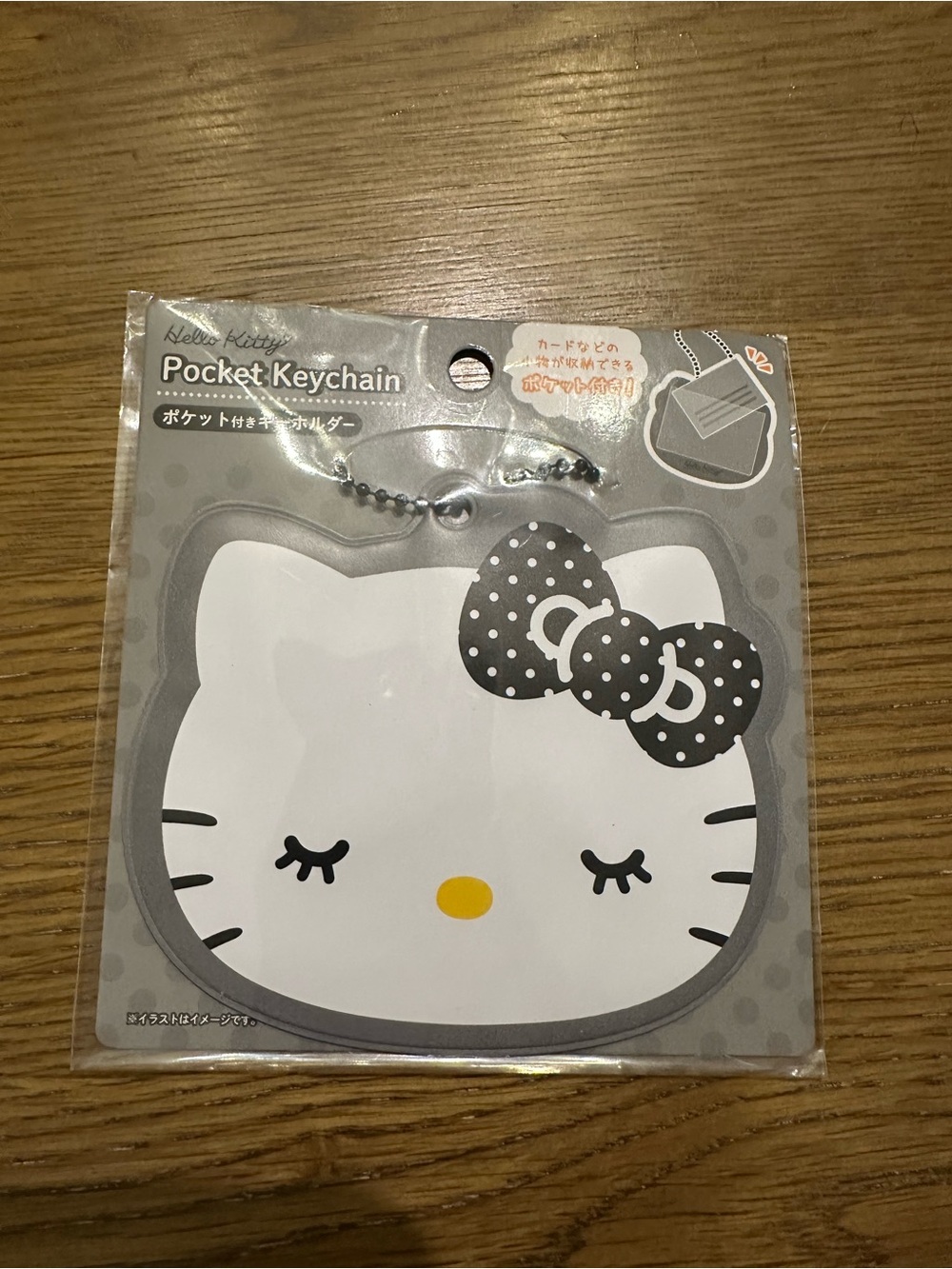 Sanrio Hello Kitty Gray & White Pocket Keychain with Polka Dot Bow JAPAN